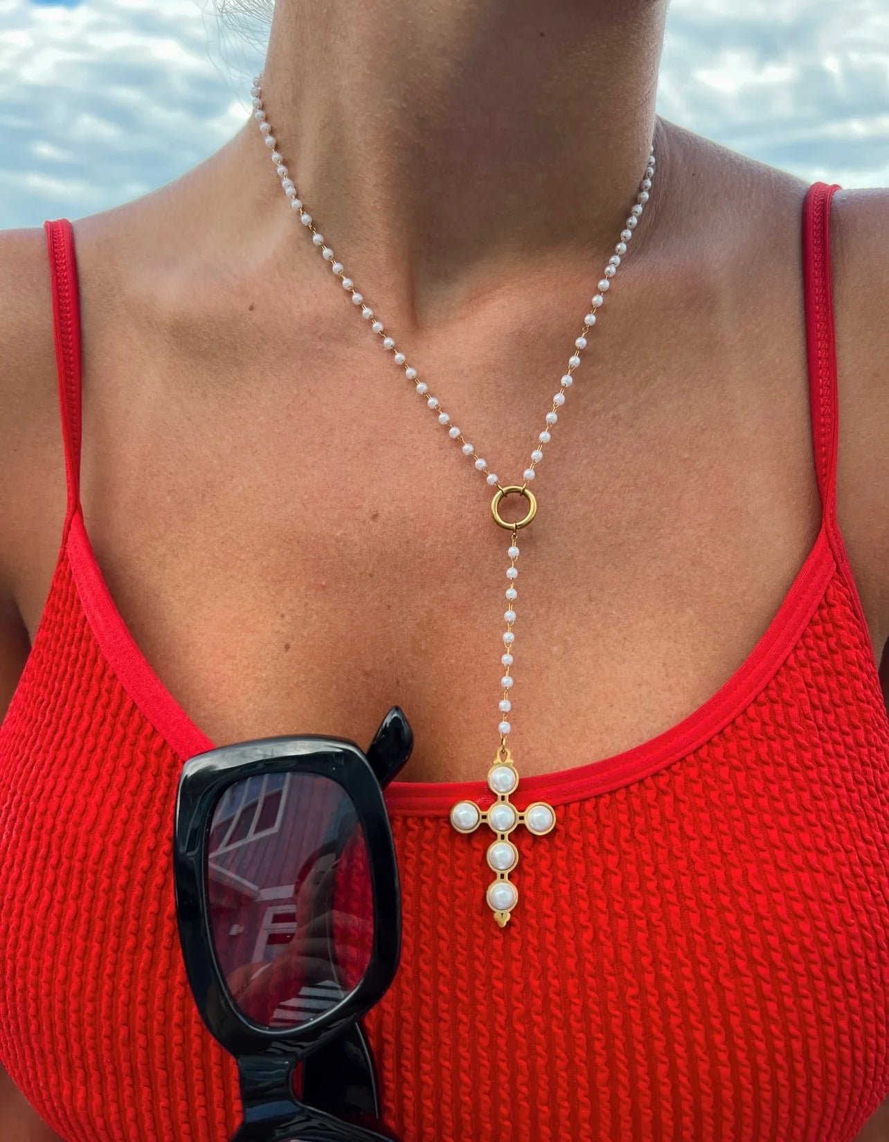 Chansutt Pearls: Lariat Pearl Cross Necklace