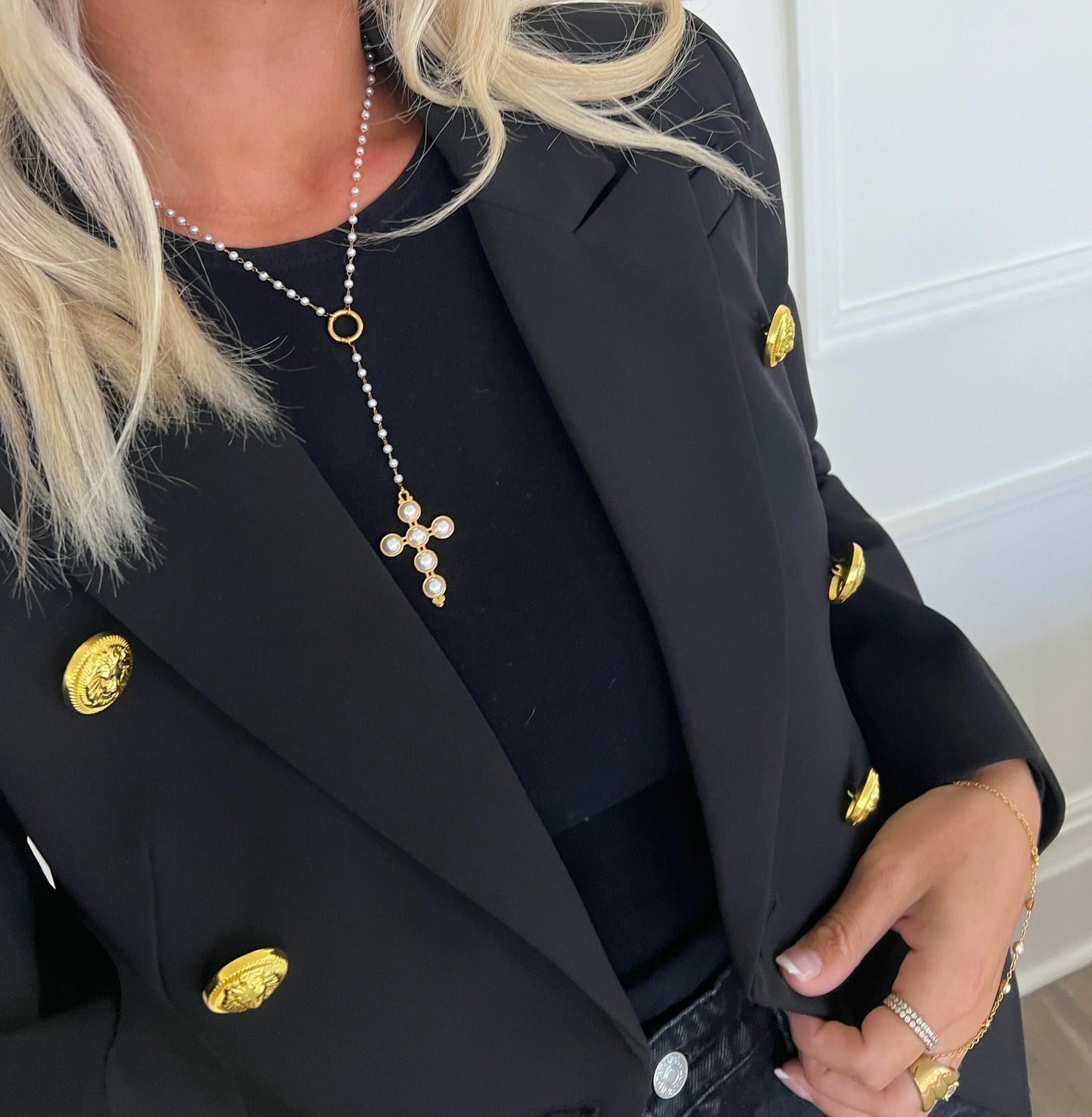 Chansutt Pearls: Lariat Pearl Cross Necklace